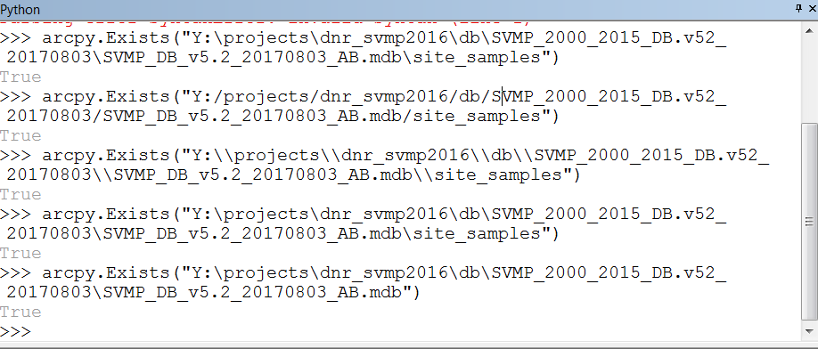 Screen shot of same commmands in ArcToolbox Python window